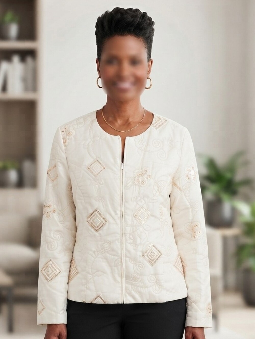 Ruby Rd. Ivory Quilted Sequin Embroidered Zip Front Jacket Size 14